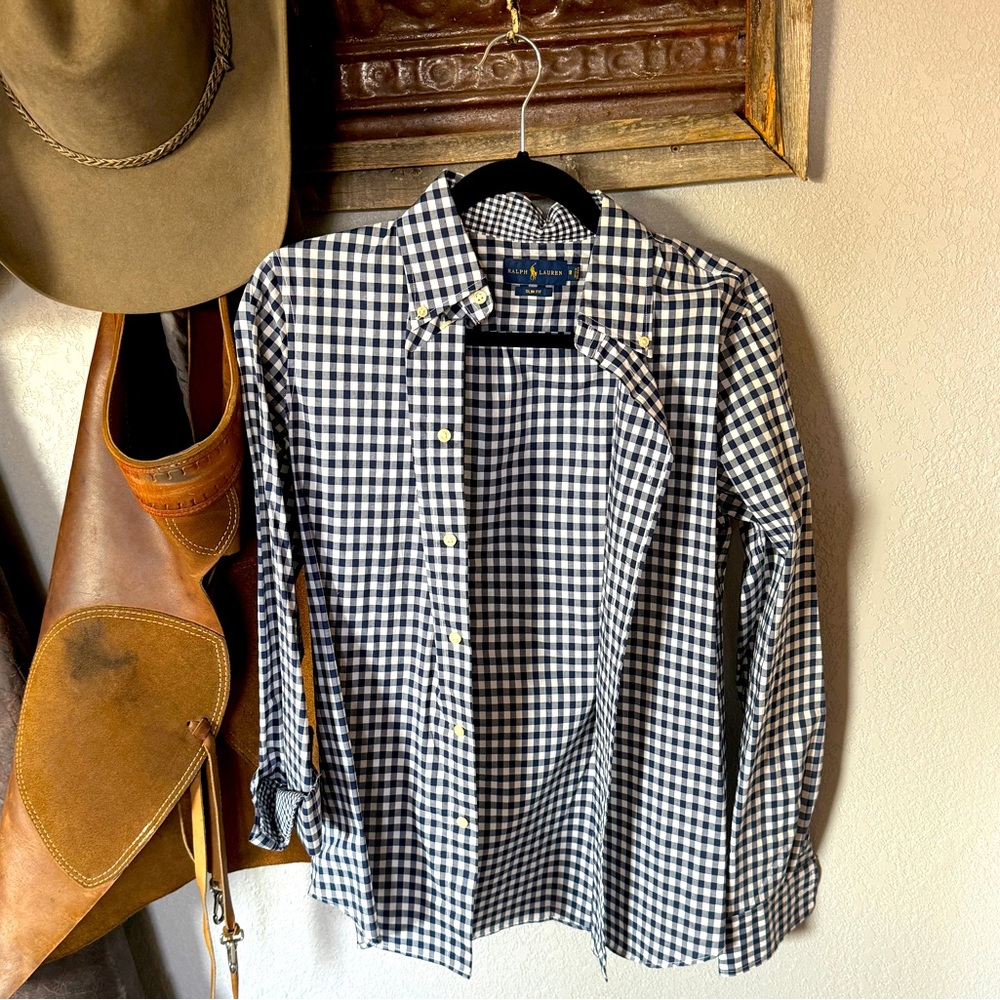 Ralph Lauren women’s slim fit blue and white checkered button down. Size 8